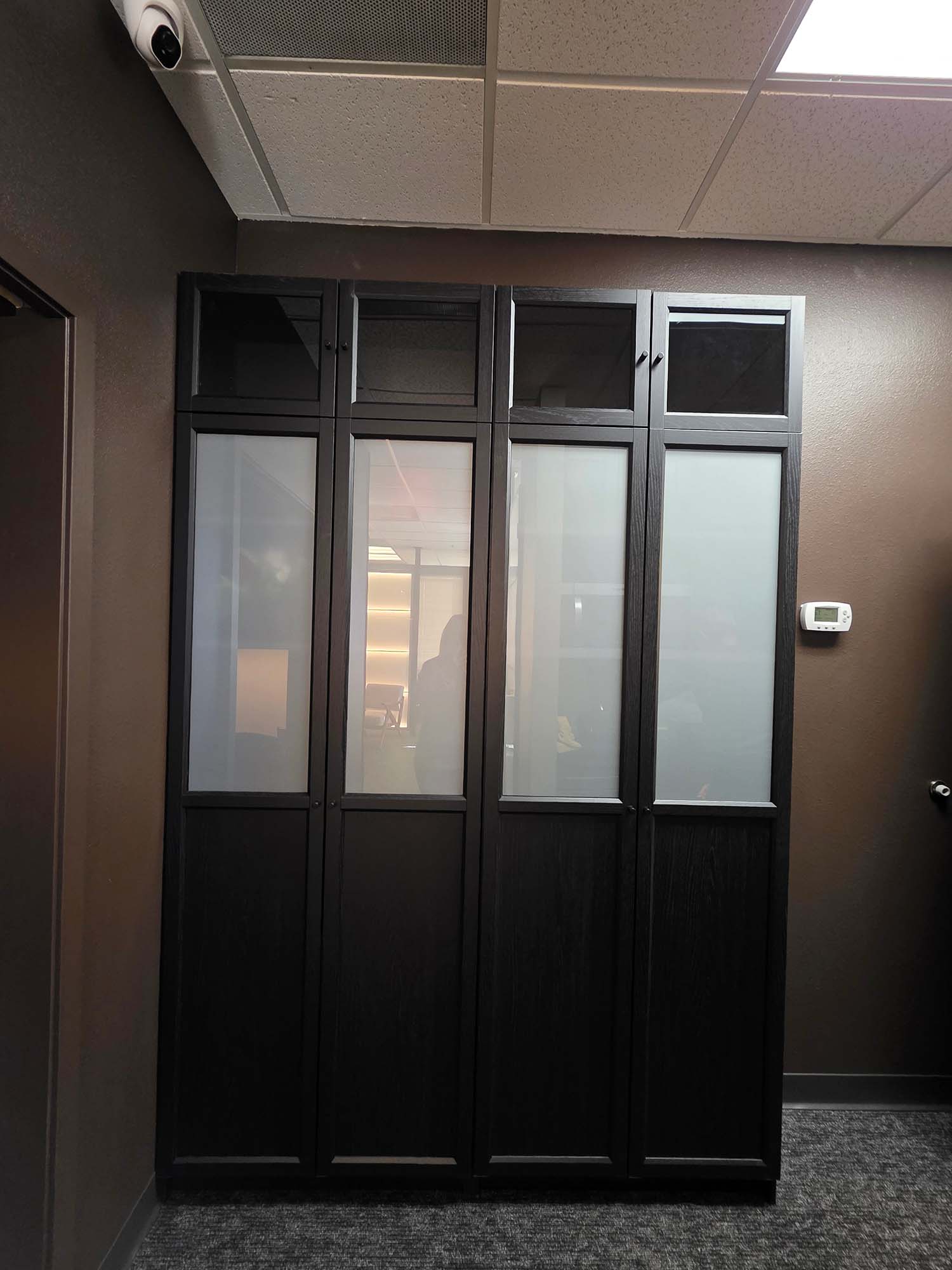 Glass storage cabinet doors featuring decorative frosted architectural film